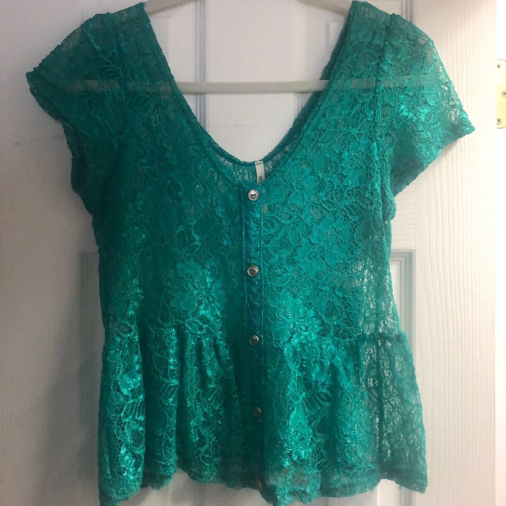 Green lace peplum top.